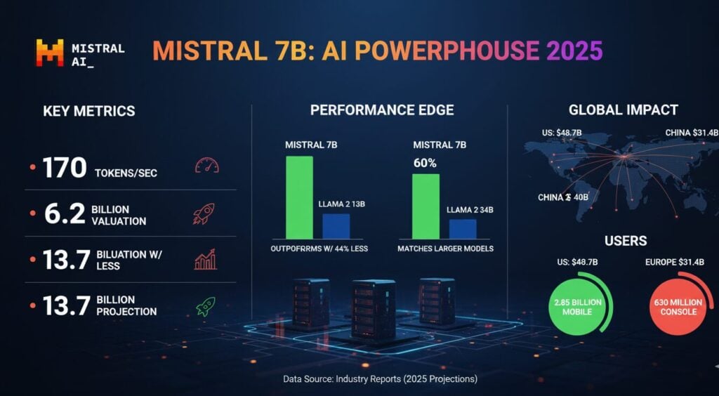 Mistral 7B language model with 7.3 billion parameters achieving 170 tokens per second throughput and 130ms time to first token, developed by Mistral AI founded April 2023 reaching $13.7 billion valuation by September 2025 from $260 million in June 2023, raising $1.184 billion across funding rounds, generating $30 million revenue in 2024 with $60 million projected for 2025, priced at $0.03 per million input tokens and $0.05 per million output tokens, outperforming Llama 2 13B despite 44% fewer parameters while requiring only 6.2GB VRAM.
