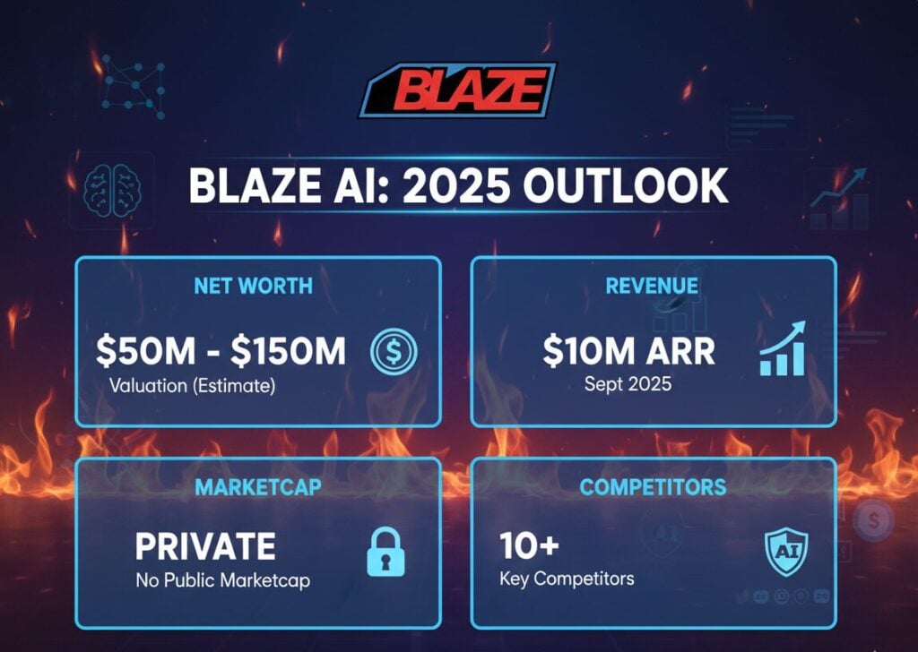 Blaze AI Net Worth, Revenue, Marketcap, Competitors 2025 Blaze AI marketing platform founded 2023 by Adam Nathan (ex-White House, Apple, Lyft) after pivoting from Almanac, reaching $10 million ARR by September 2025 with 1 million+ active users, 19 employees, 35% month-over-month growth, 4.8-4.9/5 Trustpilot rating, pricing $34-$200/month, Autopilot agentic AI feature launched September 2025, competing with Jasper AI, Copy.ai, Writesonic, Canva, and HubSpot for solopreneur and small business market