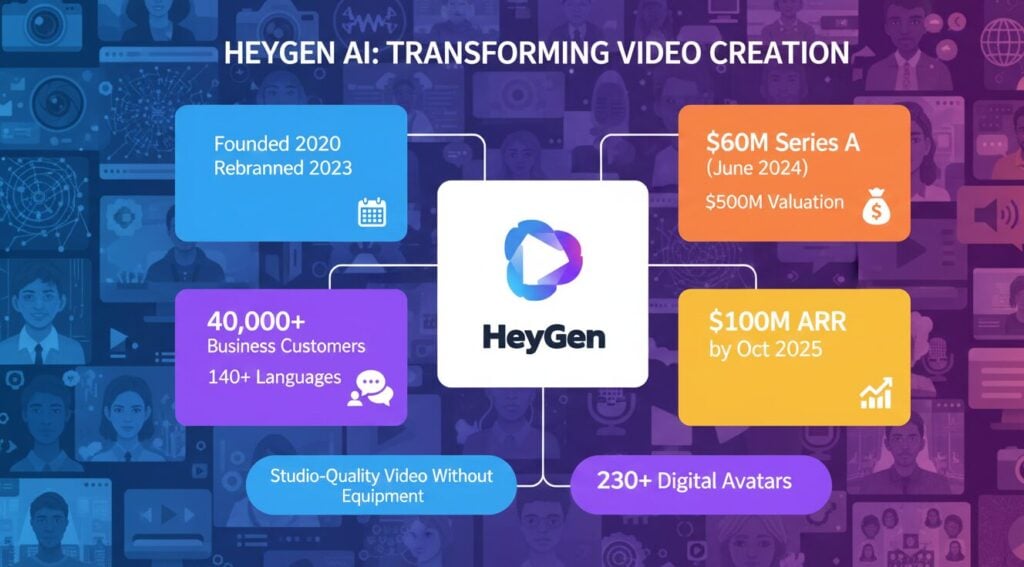 HeyGen AI video generation platform founded 2020 by Joshua Xu and Wayne Liang reaching $100 million ARR by October 2025 from $1 million in early 2023, $500 million valuation after $60 million Series A led by Benchmark in June 2024, serving 40,000+ paying business customers with 140+ languages and 230+ digital avatars, 157 employees demonstrating operational efficiency, no acquisitions with focus on organic growth, competing against Synthesia, D-ID, Colossyan, and Elai.io in corporate training and marketing video markets.