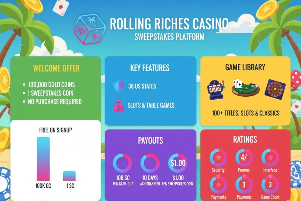 Rolling Riches Casino Rolling Riches Casino sweepstakes platform operating in 38 US states offering 100,000 Gold Coins plus 1 Sweepstakes Coin welcome bonus with daily rewards of 10,000 GC and 1 SC, 150% first purchase bonus, dual currency system with SC redeemable at $1.00 per coin, 100 SC minimum redemption via ACH in 10 business days, 100+ games from Pragmatic Play and Relax Gaming, browser-based without mobile app, email support responding within 1 hour, and rating scores of 5/5 security, 4/5 promotions, 4/5 interface, 3/5 payment methods