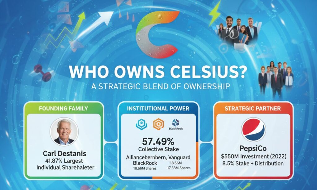 Celsius Holdings ownership structure showing Carl DeSantis as largest shareholder at 41.87% (107.92 million shares), institutional investors controlling 57.49%, PepsiCo holding 8.5% stake from $550 million 2022 investment, $9.8 billion market cap, $1.36 billion 2024 revenue, 11.8% US energy drink market share, $1.8 billion Alani Nutrition acquisition announced February 2025, and board led by Chairman/CEO John Fieldly.