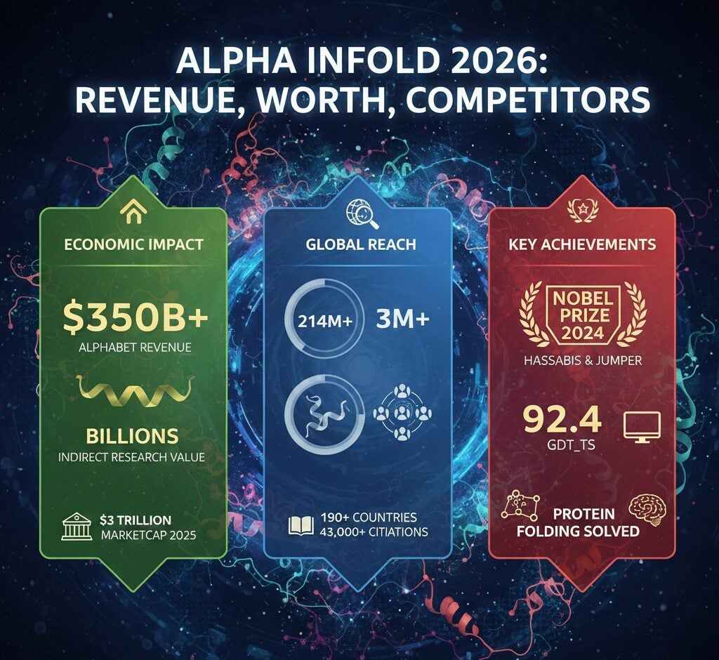 AlphaFold 2 Revenue, Net Worth, Marketcap, Competitors 2026 AlphaFold 2 Google DeepMind AI system solving protein folding problem 214+ million structures predicted 3+ million researchers 190+ countries, 92.4 median GDT_TS score CASP14 near-experimental accuracy, 2024 Nobel Prize Chemistry Demis Hassabis John Jumper, timeline 2010 DeepMind founded 2014 Google acquired $500M 2020 AlphaFold 2 debut 2021 database launch 365K structures 2022 expanded 214M 2024 Nobel Prize AlphaFold 3, competitors RoseTTAFold ESMFold OpenFold OmegaFold ColabFold, free research tool no direct revenue Google DeepMind $6B valuation Alphabet $3T market cap 2025, 43,000+ citations 200,000+ papers, drug discovery acceleration pharmaceutical integration.
