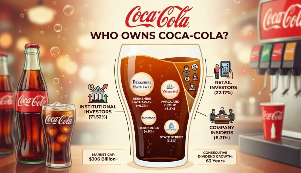 Coca-Cola ownership structure showing Berkshire Hathaway at 9.3%, 71.52% institutional investors, and $306 billion market cap.