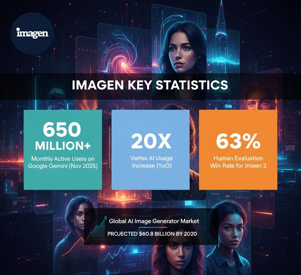 Imagen Net Worth, Revenue, Marketcap, Competitors 2026 Google Imagen AI model 650 million monthly active users through Gemini (622% increase from 90M October 2024), Vertex AI usage 20x YoY, 63% win rate human evaluations, AI image market projected $60.8 billion by 2030, pricing $0.02-$0.06 per image, native 2K resolution upscaling to 4K, ranks highest GenAI-Bench surpassing Midjourney 26.8% and DALL-E 24.35% market share, 35-45 million daily active users, 420,000 developers using Gemini APIs, enterprise adoption Puma India 10% CTR increase Kraft Heinz reduced campaigns from 8 weeks to 8 hours, 86% enterprises reported 6% revenue increase, 15 billion AI images generated since 2022.