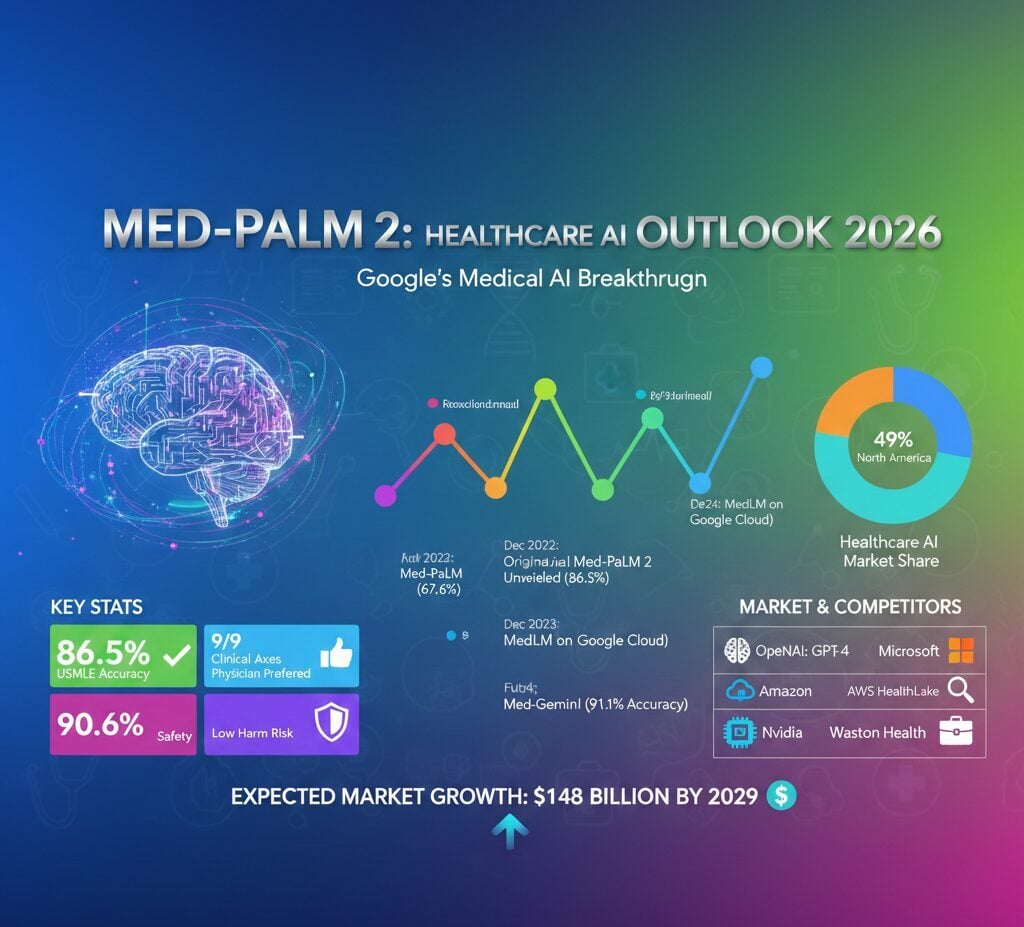 Med-PaLM 2 Revenue, Net Worth, Marketcap, Competitors 2026 Google Med-PaLM 2 medical AI achieving 86.5% accuracy on USMLE exams within the $148 billion healthcare AI market projected by 2029.