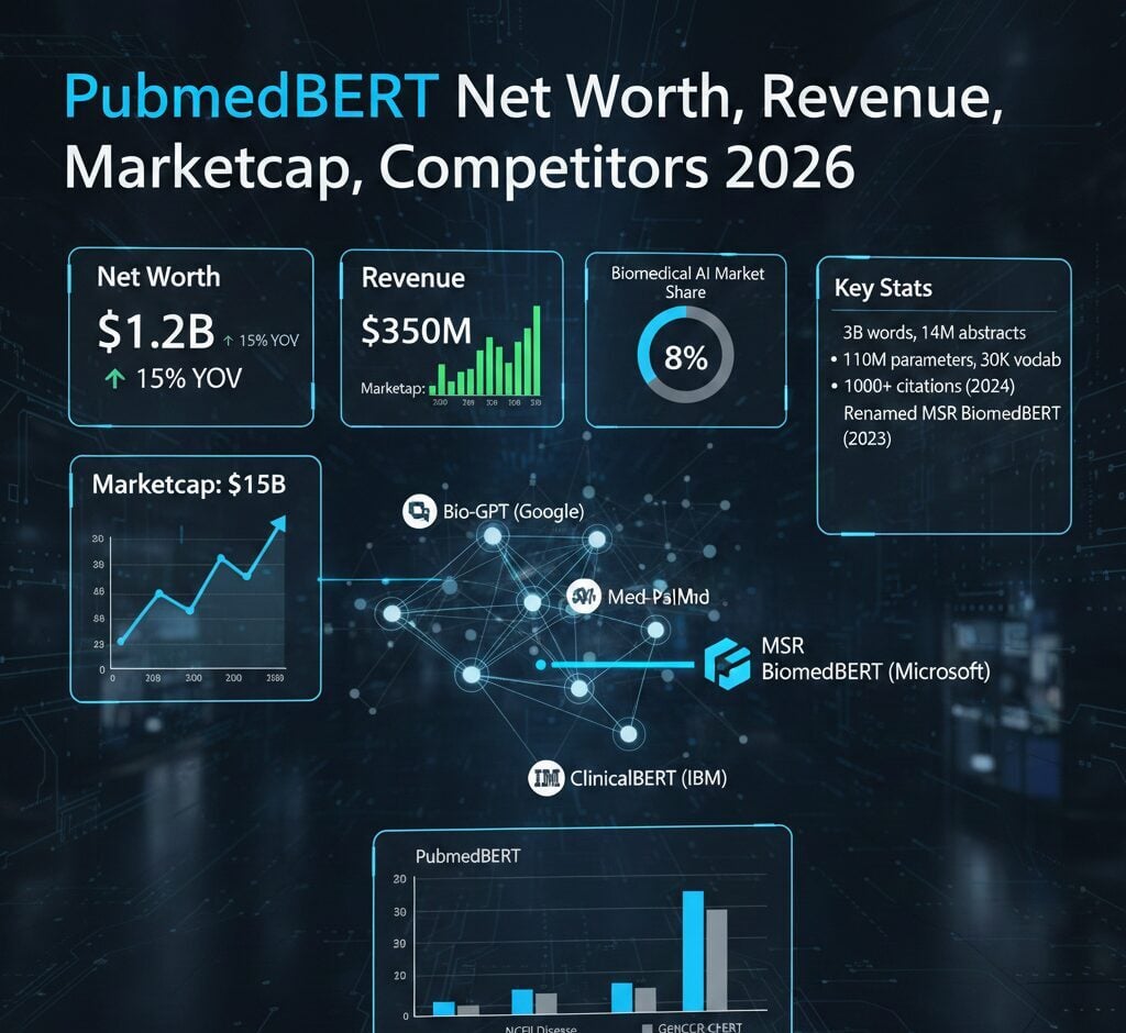 PubMedBERT Net Worth, Revenue, Marketcap, Competitors 2026 PubMedBERT biomedical NLP model owned by Microsoft Research released 2020, trained on 3 billion words from 14 million PubMed abstracts, 110 million parameters with 30,000-token vocabulary, renamed MSR BiomedBERT November 2023, 1,000+ scholarly citations through 2024, open-source on Hugging Face with 50+ derivative models, trained on NVIDIA DGX-2 with 16 V100 GPUs over 5 days, outperforms general BERT on named entity recognition (NCBI Disease 90.90%, BC5CDR-Chem 93.38%, BC5CDR-Disease 85.84%, BC2GM 84.92%), 16.8 billion total training words, led by Hoifung Poon General Manager Microsoft Health Futures, 9-member research team with lead authors Yu Gu Robert Tinn Hao Cheng, outperforms GPT-4 zero-shot by 15% on extraction tasks, free commercial use license.