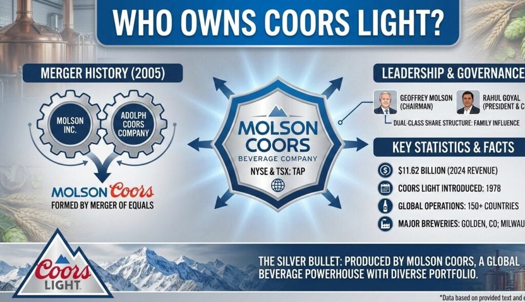 Who Owns Coors Light? Coors Light ownership showing Molson Coors Beverage Company, $11.7 billion net sales, and 83% institutional investors.