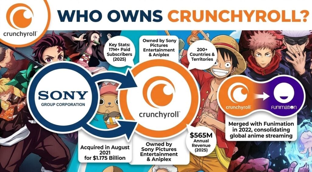 Who Owns Crunchyroll Crunchyroll ownership showing Sony's $1.175 billion acquisition, 17 million subscribers, and Funimation merger in 2022.