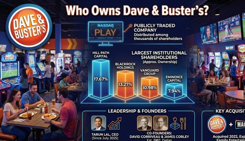 Who Owns Dave & Buster’s? Dave & Buster's ownership showing Hill Path Capital 17.67%, BlackRock 13.27%, Vanguard 10.98%, and 236 locations.