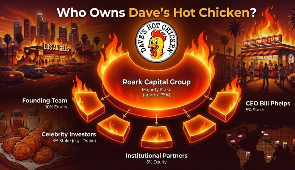 Dave's Hot Chicken ownership showing Roark Capital at 75%, founding team at 10%, and celebrity investors including Drake at 5%.