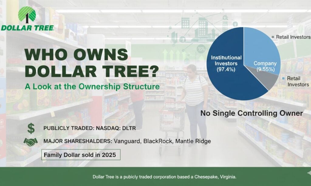 Who Owns Dollar Tree? Dollar Tree publicly traded NASDAQ DLTR market cap $20.41 billion November 2025 with 9,000+ stores, institutional investors 97.4% ownership Vanguard 11.22% largest shareholder BlackRock 7.54% Mantle Ridge 5.63%, insiders 9.55%, Family Dollar sold $1.007 billion July 2025 to Brigade Capital Macellum Capital, founded 1986 by Doug Perry Macon Brock Ray Compton first store 1989 IPO 1995, CEO Michael C. Creedon Jr. Chairman Edward J. Kelly III 12-member board, 150,000 associates multi-price strategy $1.25-$7, headquarters Chesapeake Virginia, 60% new customers earn $100K+ annually.