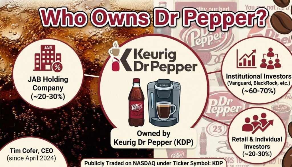 Keurig Dr Pepper ownership showing JAB Holding 20-30%, Vanguard 8.5%, BlackRock 7.2%, and $15 billion annual revenue.