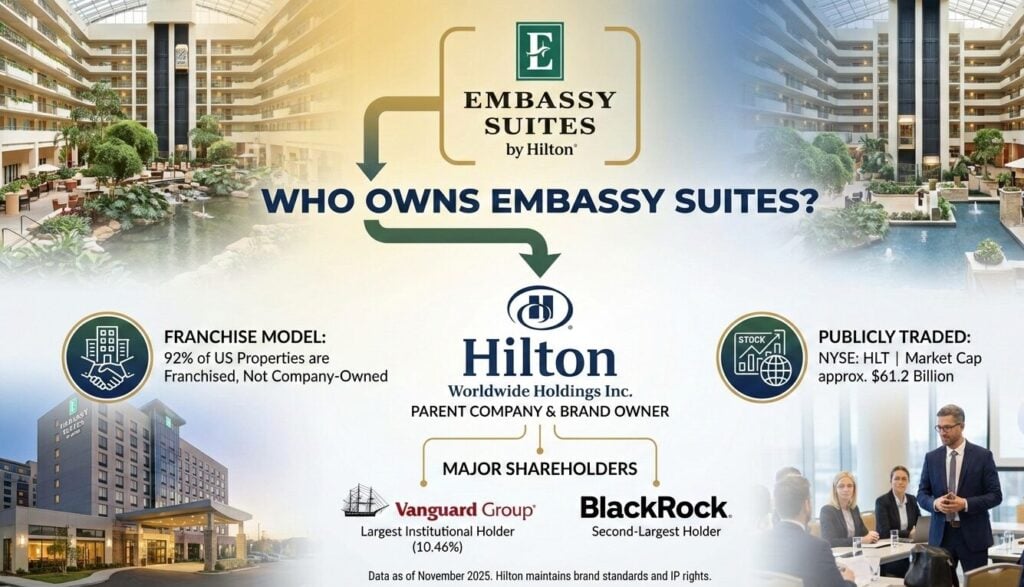Embassy Suites owned by Hilton Worldwide Holdings with 271 properties, 92% franchised, Vanguard as largest shareholder at 10.46%.