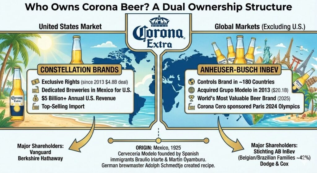 Who Owns Corona Beer? Corona Beer ownership showing AB InBev global control, Constellation Brands US distribution, and 91% brand awareness.