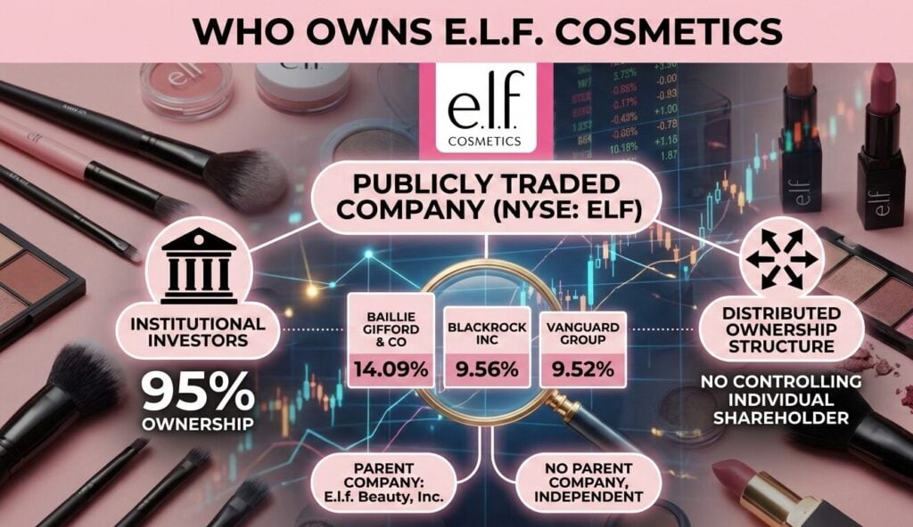 E.l.f. Beauty ownership structure showing Baillie Gifford at 14.09%, BlackRock at 9.56%, and Vanguard at 9.52% institutional holdings.