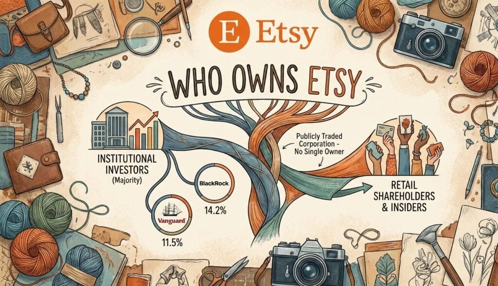 Who Owns Etsy Etsy ownership structure showing BlackRock at 14.2%, Vanguard at 11.5%, and 82.44% total institutional investor control.
