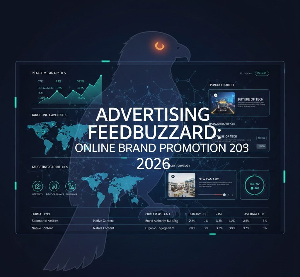 Advertising Feedbuzzard For Online Brand Promotion In 2026 Advertising Feedbuzzard platform showing targeting options, flexible pricing models, and 285% ROI growth over six months.