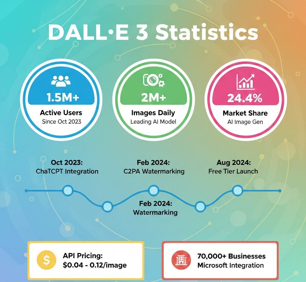 DALL·E 3 statistics showing 1.5 million users, 2 million daily images, and 24.4% market share.