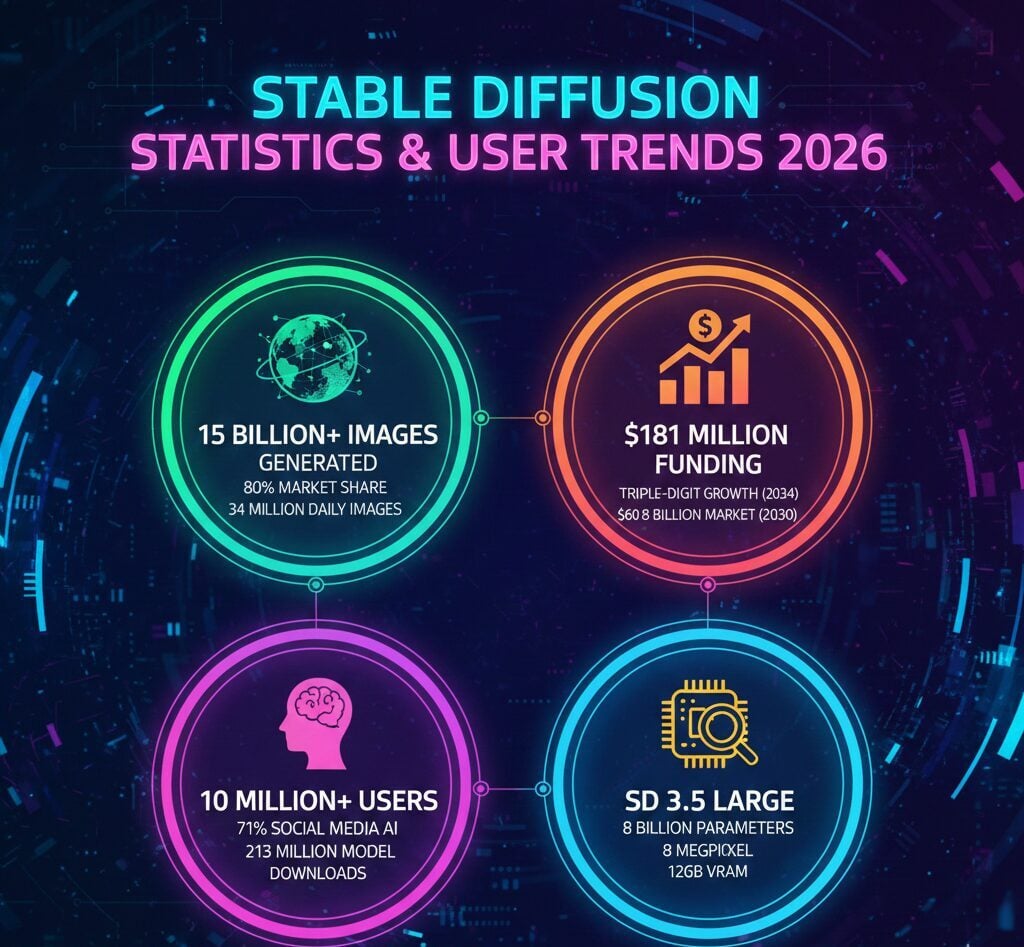 Stable Diffusion Statistics And User Trends 2026 Stable Diffusion statistics showing 15 billion images generated, 80% market share, and $60.8 billion projected market by 2030.