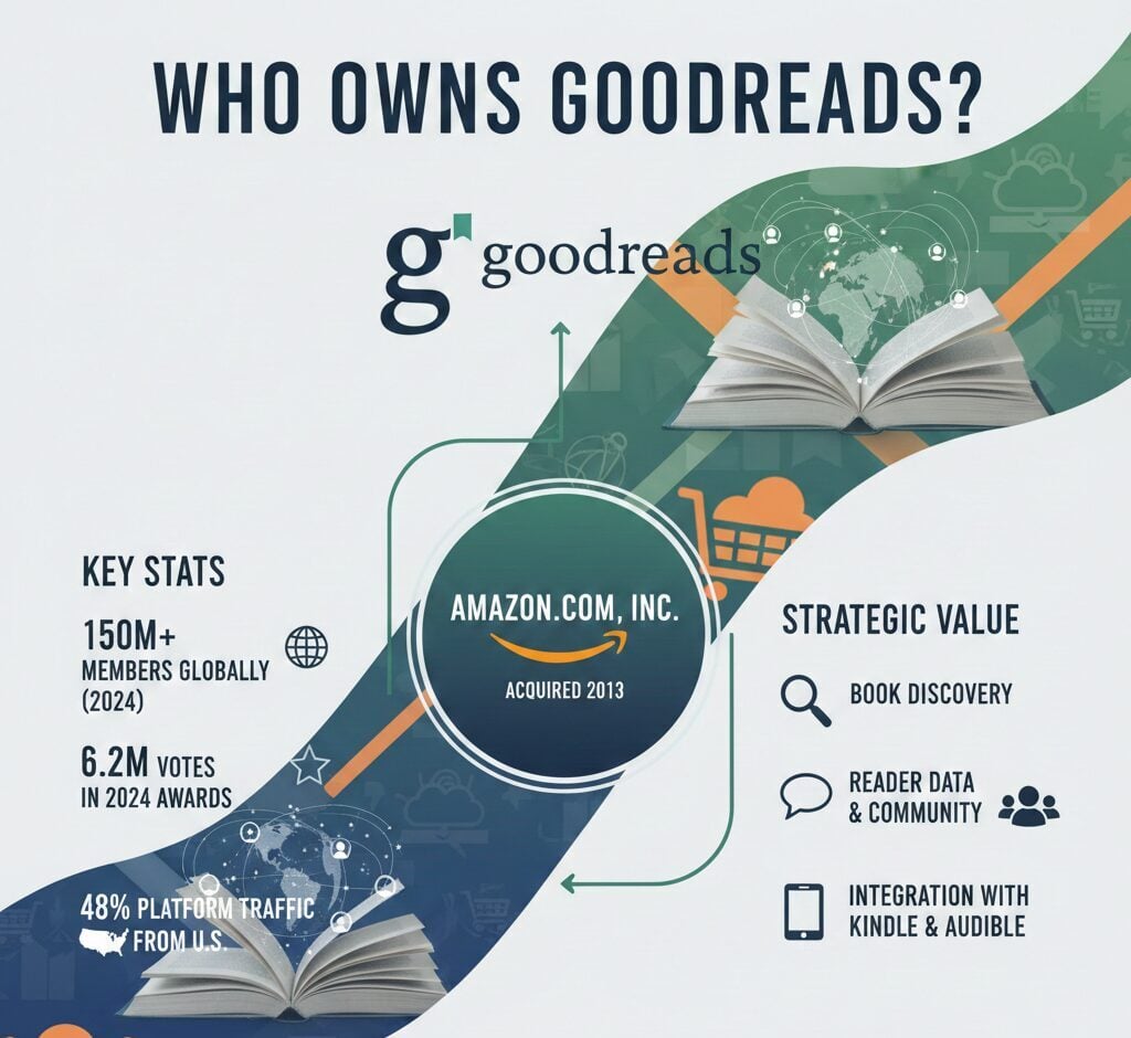 Who Owns Goodreads? Goodreads ownership showing Amazon's 2013 acquisition for $150 million, 150 million registered members, and user demographics by region.