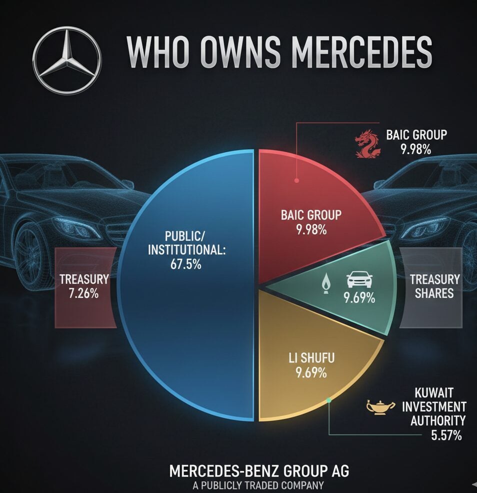 Who Owns Mercedes Mercedes-Benz ownership structure showing BAIC, Li Shufu, and Kuwait Investment Authority as major shareholders of the publicly traded company.