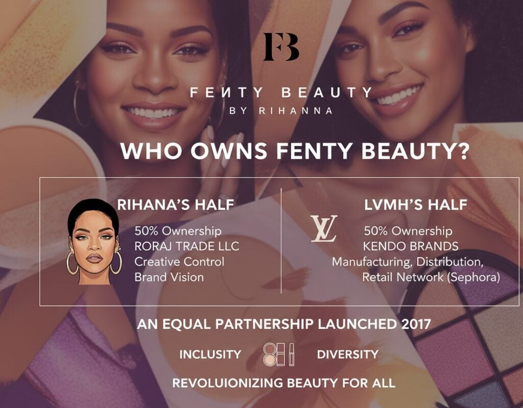 Fenty Beauty ownership showing Rihanna's 50% stake, $600 million annual revenue, and 50+ foundation shades across 17 countries.