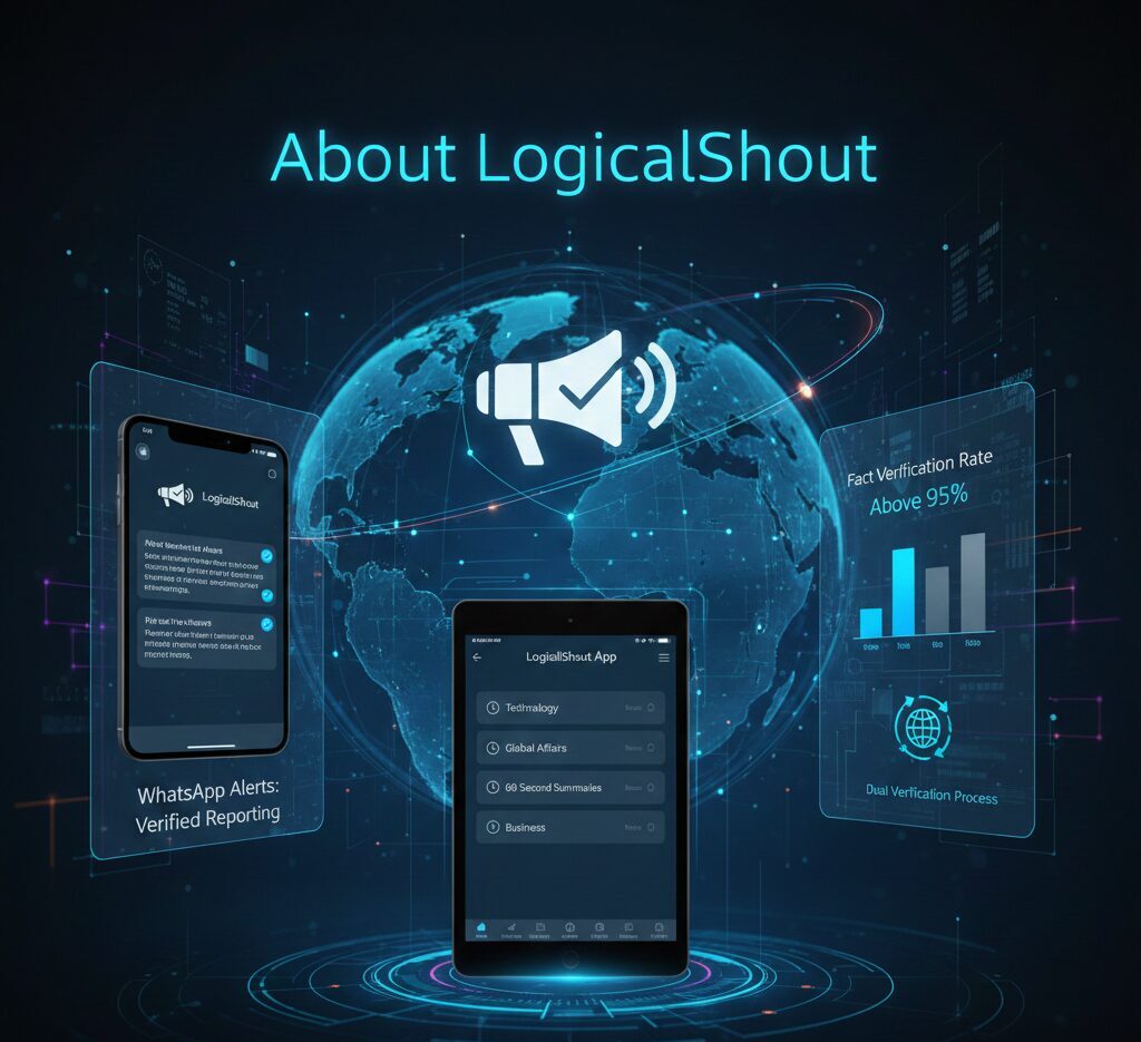 Overview of LogicalShout, a fact-checked news platform delivering tech and global affairs coverage via mobile app and WhatsApp.