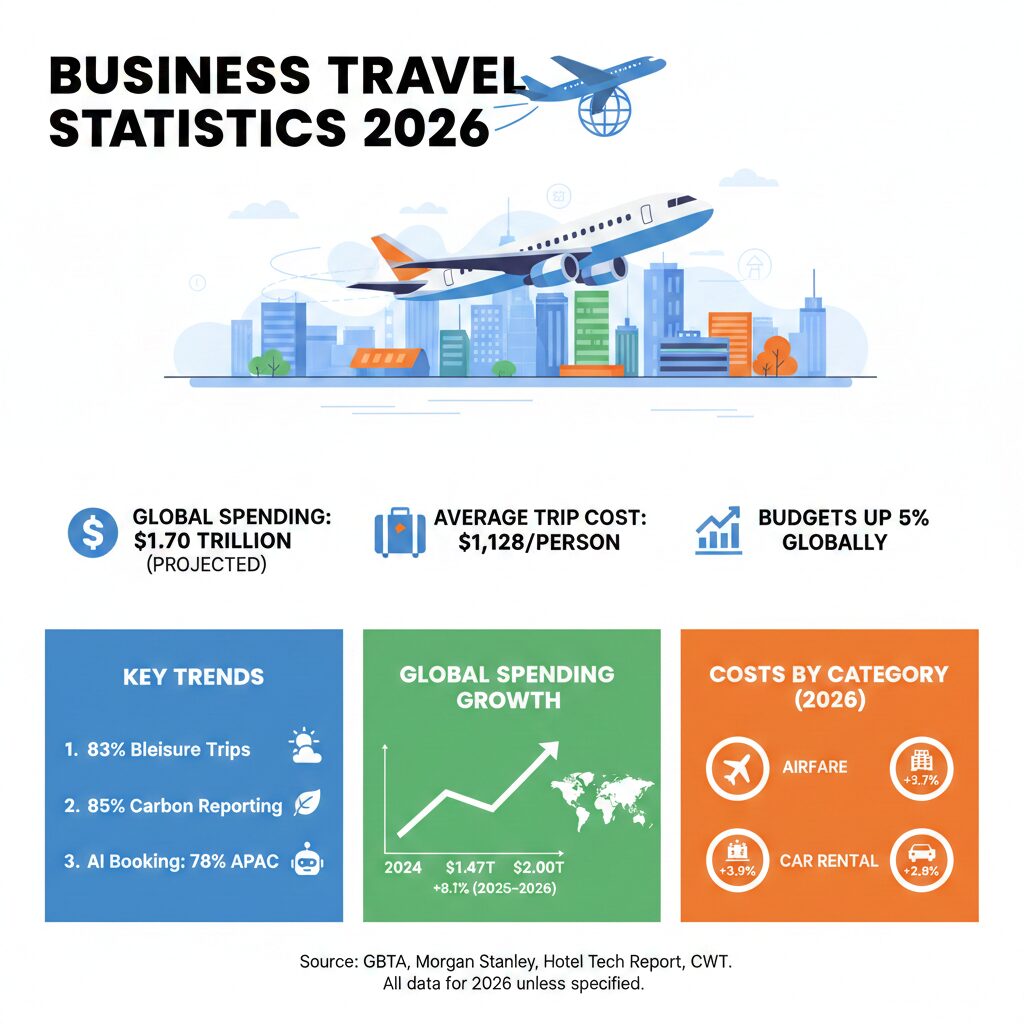 Business Travel Statistics 2026 Business travel statistics for 2026 covering $1.70T projected spending, regional airfare trends, bleisure growth, and corporate budget forecasts.