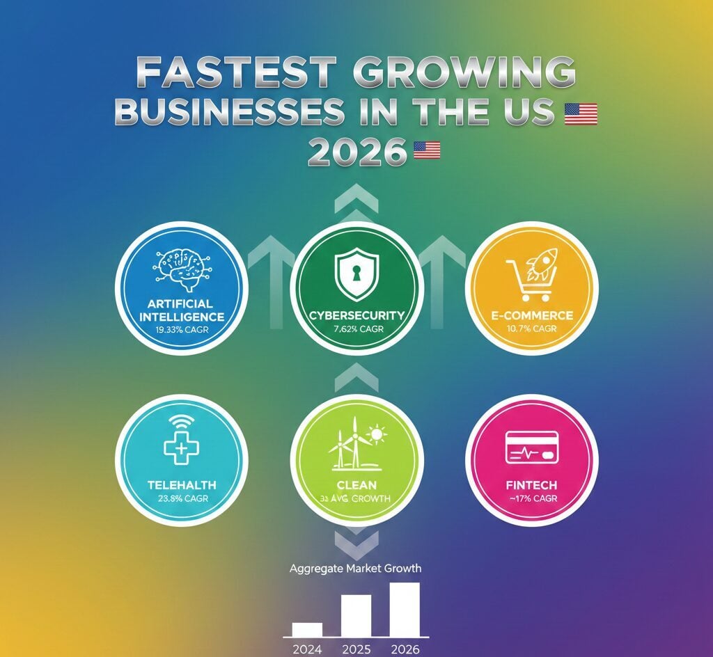 Fastest Growing Business In The US 2026 The fastest growing business sector in the US in 2026 is Artificial Intelligence (AI), driven by explosive enterprise adoption and double-digit long-term growth rates. AI reached $173.56 billion in 2025 and is projected to exceed $206 billion in 2026, growing at a 19.33% CAGR through 2035. Enterprise generative AI spending alone jumped from $11.5 billion in 2024 to $37 billion in 2025, marking one of the fastest adoption curves in software history.
