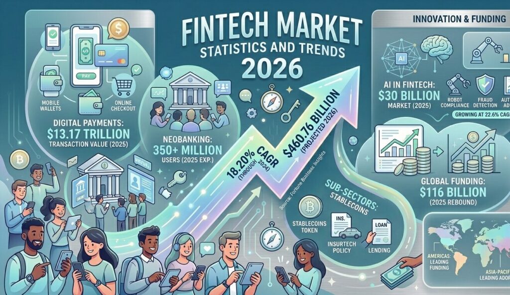 Fintech Market Statistics And Trends 2026 Fintech market statistics for 2026 covering $460 billion market size, funding trends, regional investment splits, digital payments, neobanking growth, and AI adoption rates.