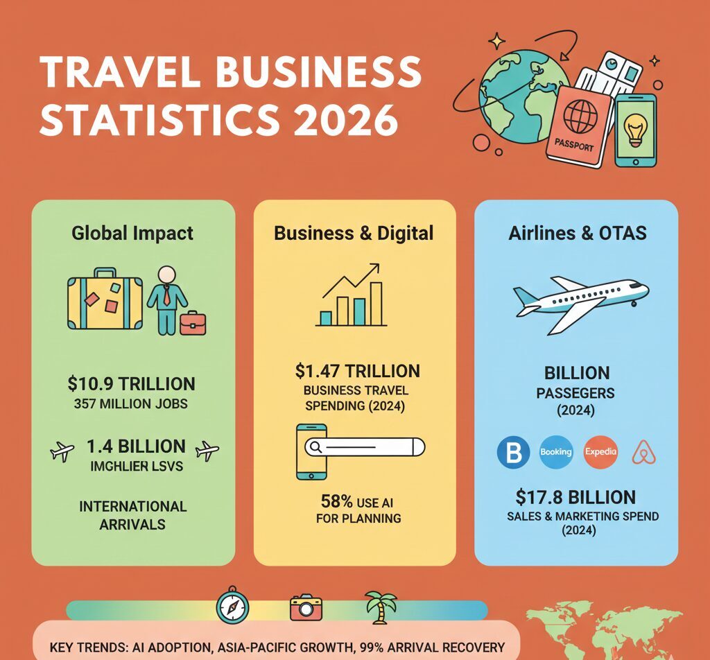 Travel Business Statistics 2026 Travel business statistics for 2026 covering $10.9T global GDP contribution, 1.4B international arrivals, OTA revenue, and airline passenger data.