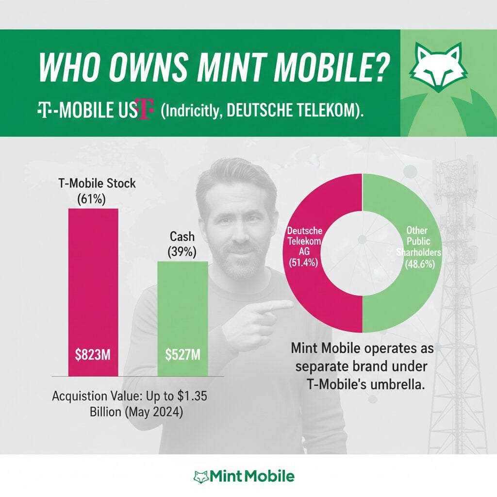 Who Owns Mint Mobile Mint Mobile ownership guide covering T-Mobile's $1.35B acquisition, Deutsche Telekom parent structure, Ryan Reynolds' stake, and company history.