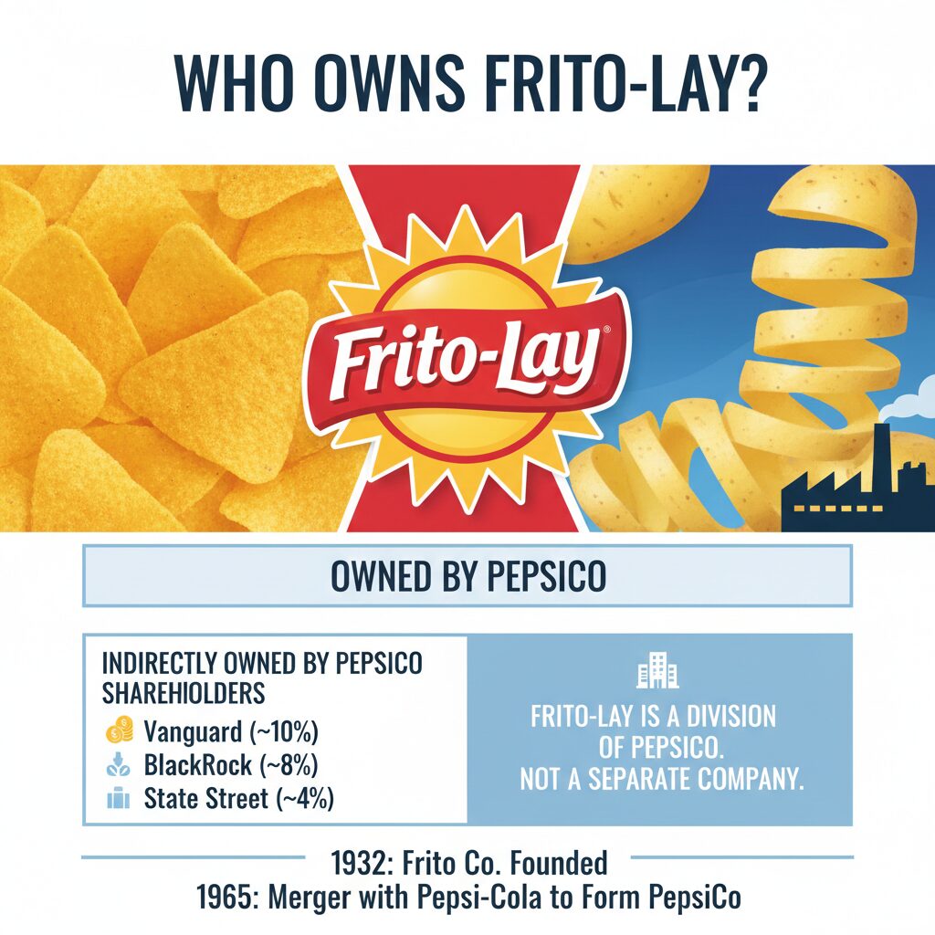 Who Owns Frito-Lay? Frito-Lay ownership through PepsiCo with $24.75B revenue, shareholder distribution chart, 1961 merger history, and board composition.
