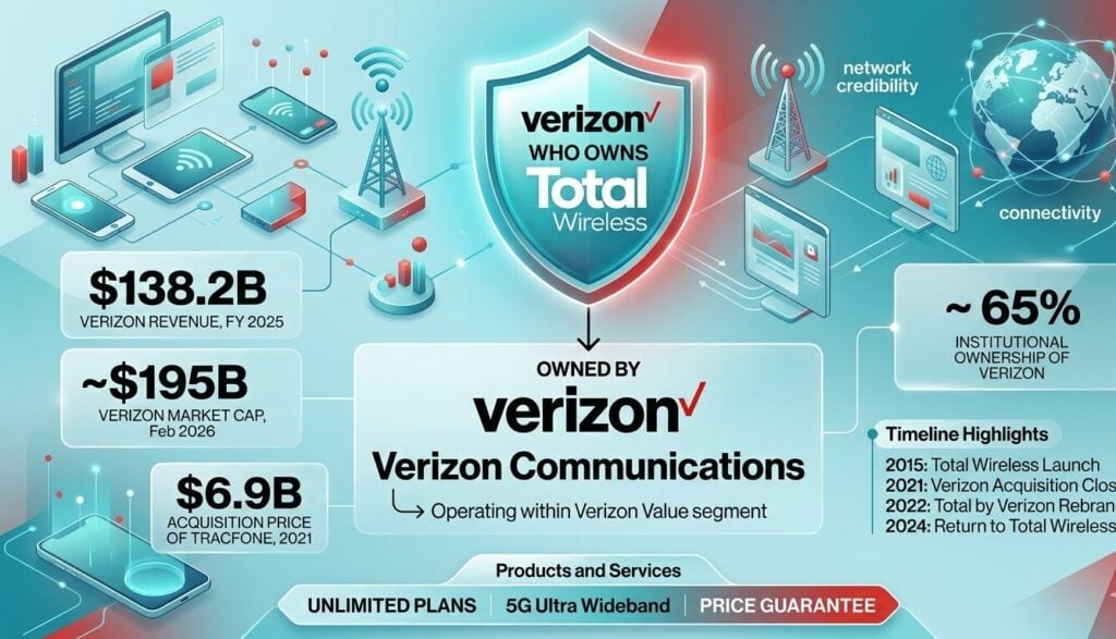 Total Wireless ownership profile covering Verizon's $6.9 billion TracFone acquisition, brand history from 2015 launch, board structure, plan offerings, and 2024 rebrand.