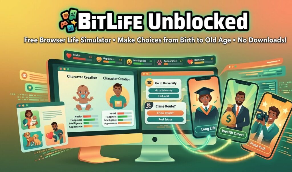 BitLife Unblocked guide covering browser-based life simulator gameplay, four core stats (happiness, health, intelligence, appearance), controls for desktop and mobile, network bypass