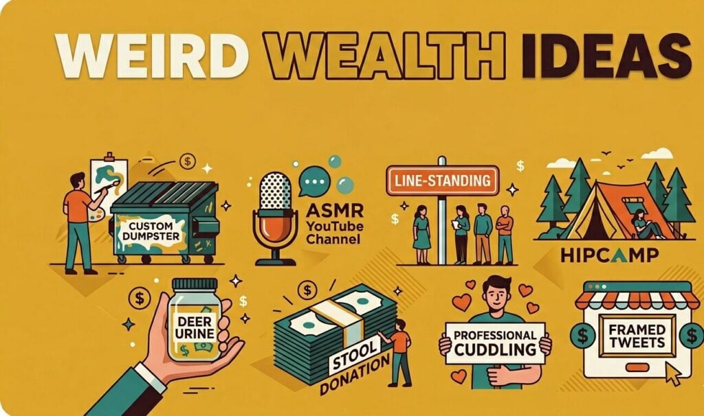 Weird wealth guide covering 84 unconventional income ideas including body donations up to $1,500/month, renting assets through Hipcamp and Sniffspot, Amazon KDP blank book publishing, unusual services like line-standing and professional cuddling, and nature-based earnings from beekeeping to bug bounties.