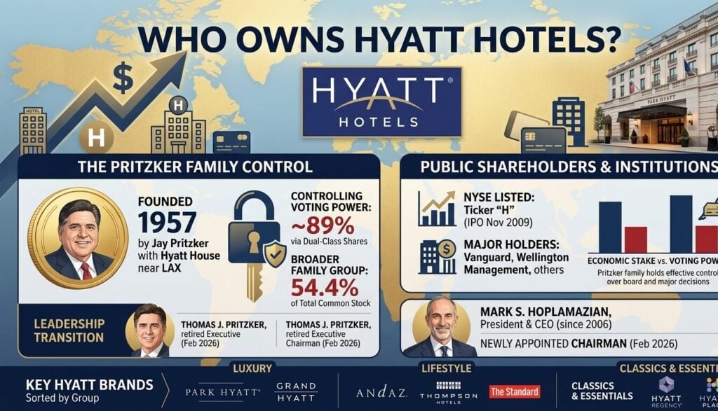 Hyatt Hotels ownership profile covering Pritzker family control through dual-class shares, 88.9% voting power, board composition, founding history, and asset-light strategy.