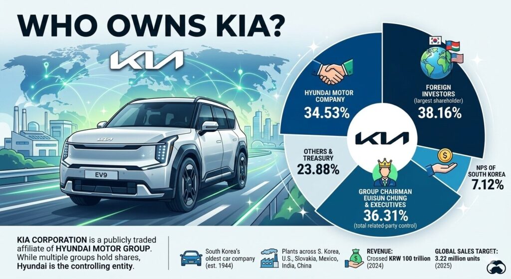 Kia Corporation ownership profile covering Hyundai Motor's 34.53% controlling stake, shareholder breakdown, board of directors, and company history from 1944 founding through 1998 acquisition.
