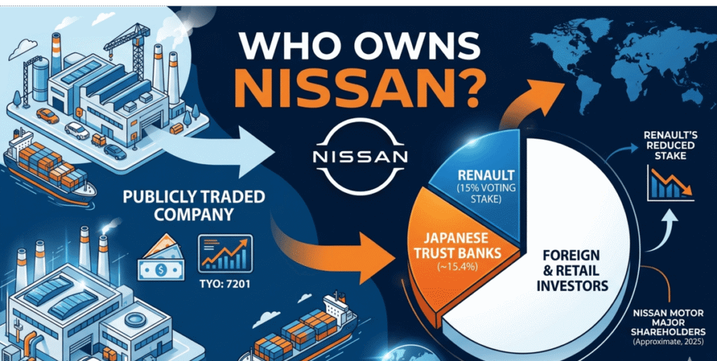 Nissan ownership profile covering Renault's reduced 15% voting stake, Tokyo Stock Exchange listing, company founding history from 1911, major shareholders including Japanese trust banks, and board composition under new CEO Ivan Espinosa.
