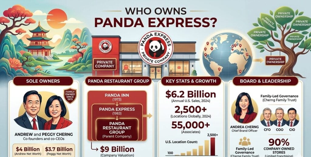 Panda Express ownership profile covering Cherng family control through private trust, $9 billion company valuation, 2,500+ locations, founding history from 1973, and next-generation leadership structure.