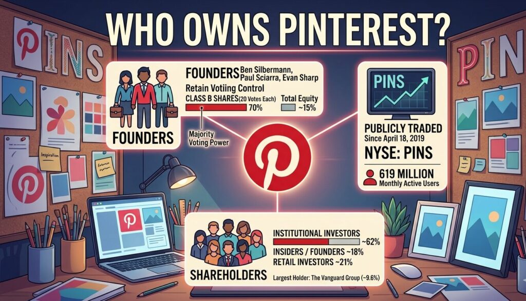 Pinterest ownership profile covering dual-class share structure giving founders Silbermann and Sciarra ~70% voting control, institutional shareholders led by Vanguard at 9.6%, board composition, 2019 IPO history, and CEO Bill Ready's leadership since 2022.