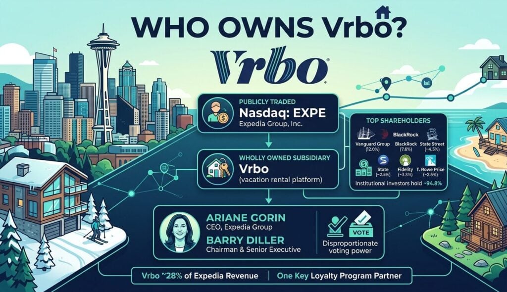 Vrbo ownership profile covering Expedia Group's $3.9 billion 2015 acquisition through HomeAway, $3.8 billion estimated 2024 revenue at 28% of Expedia's total, institutional shareholders led by Vanguard at 12% and BlackRock at 7.6%, and Barry Diller's 29% voting power through Class B shares.