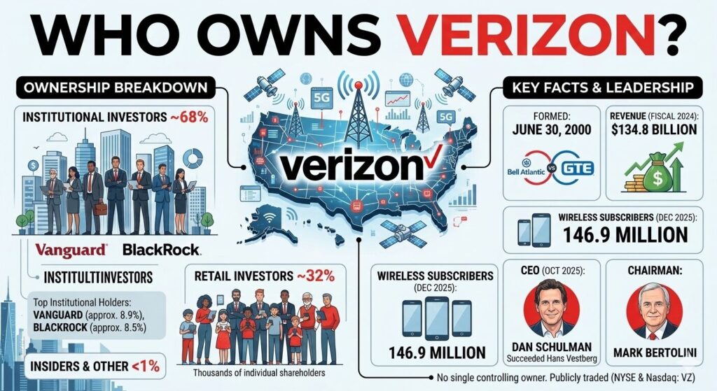 Verizon ownership profile covering dispersed shareholder structure, top institutional holders Vanguard and BlackRock, Bell Atlantic-GTE merger history, and 2025 CEO transition.