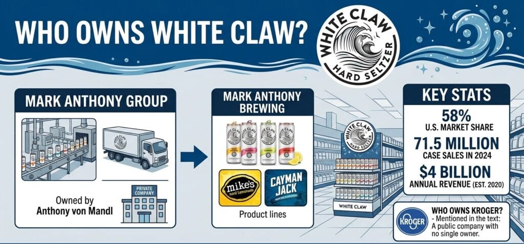 White Claw ownership profile covering Mark Anthony Group's private family ownership under Anthony von Mandl, 58% US hard seltzer market share, brand history from 2016 launch, leadership team, and related portfolio including Mike's Hard Lemonade.