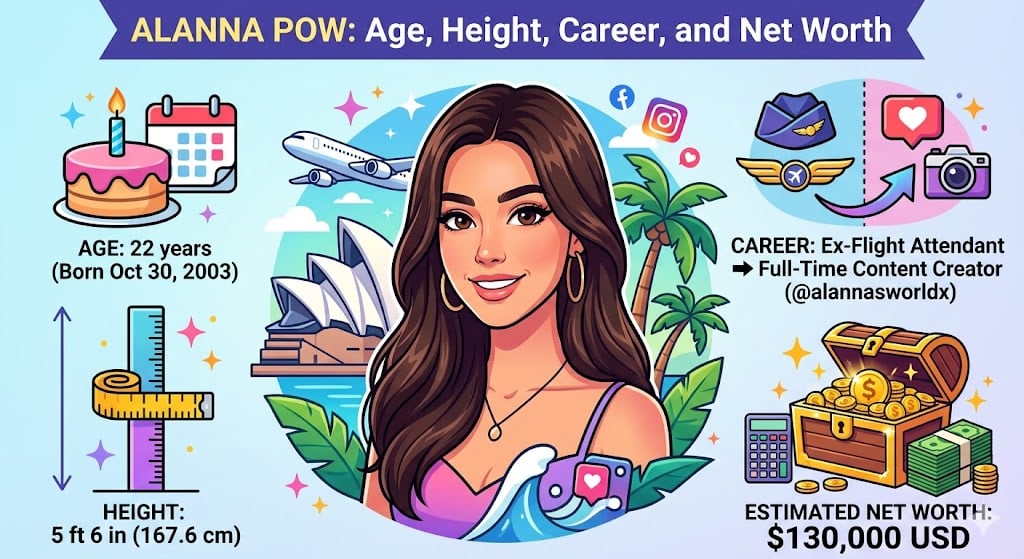 Profile overview of Alanna Pow showing age, height, career journey, social media growth, and estimated net worth