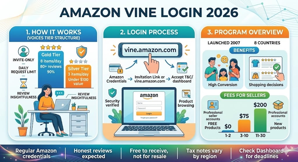 Amazon Vine Login 2026 Infographic explaining Amazon Vine login process, tier limits, seller fees, eligibility rules, and dashboard features for 2026.