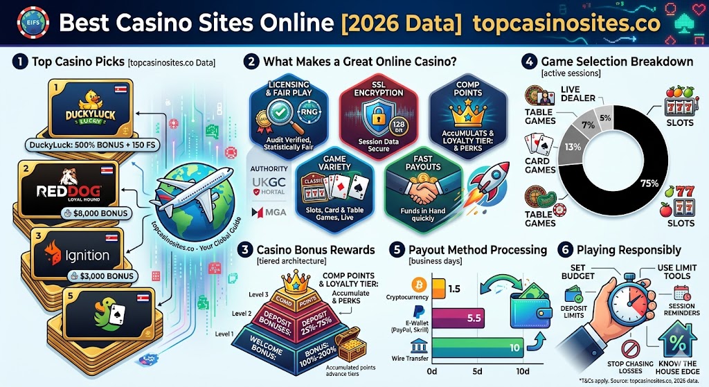 Online casino comparison showing top sites, bonuses, game distribution, payout times, and licensing details for 2026