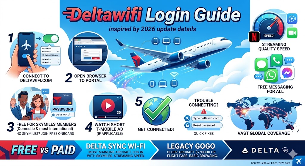 Passenger using DeltaWiFi login portal on airplane with steps, free vs paid access options, and onboard Wi-Fi coverage comparison charts