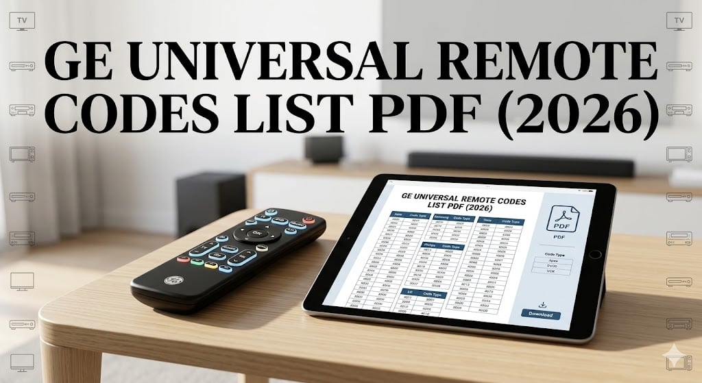 GE Universal Remote Codes List PDF (2026) Infographic guide for GE universal remote codes list 2026, showing 3-digit and 4-digit programming steps, DVD/TV/VCR brand code tables, and troubleshooting tips.