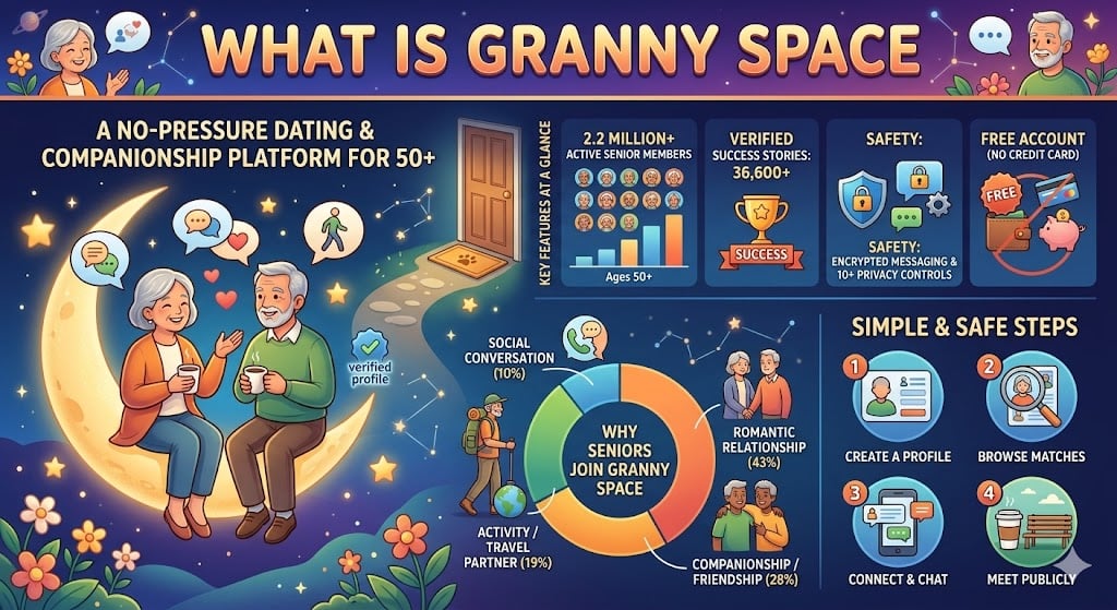 What Is Granny Space Granny Space overview explaining how the platform works, its features, safety tips, and why adults over 50 use it for companionship, friendship, or relationships.